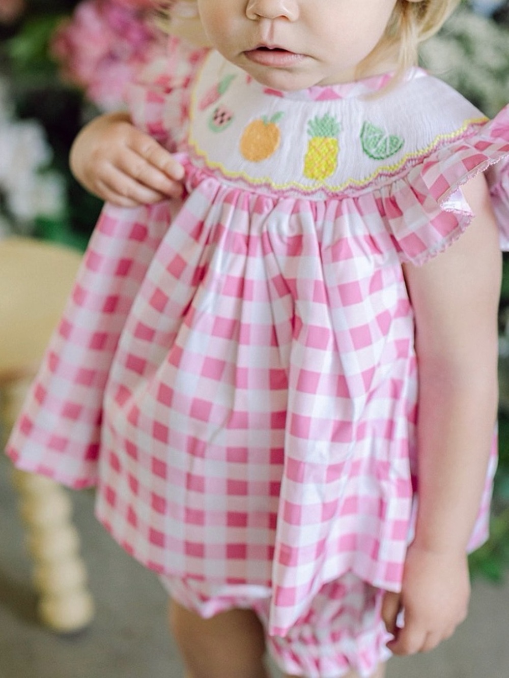 Tropical Fruit Pink Gingham Smocked Kids Matching Set